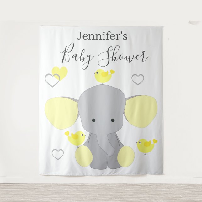 Tenture Baby shower fille éléphant jaune fond (Devant)