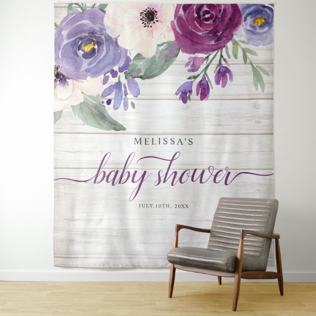 Tenture Baby Shower Fille Fleur d'eau Aquarelle Violet Rus (En situation)