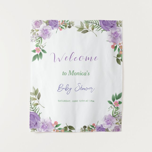 Tenture Baby Shower Fille Fleurie Printemps Violet (Devant)