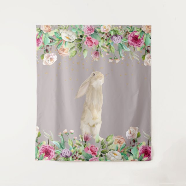 Tenture Baby Shower Fleur rose Lapin Pâques Printemps (Devant)