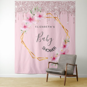 Tenture Baby Shower fleurs florales en paillettes roses fi