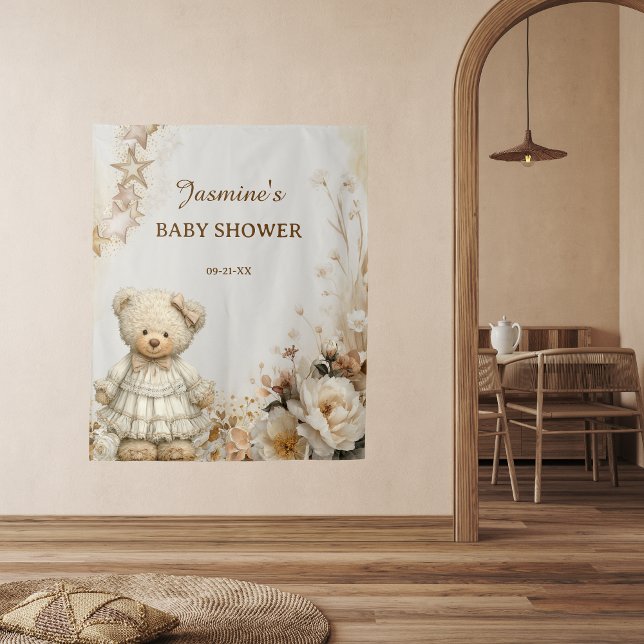 Tenture Baby shower Floral Ours En Teddy Rustique Arrière- (Créateur téléchargé)