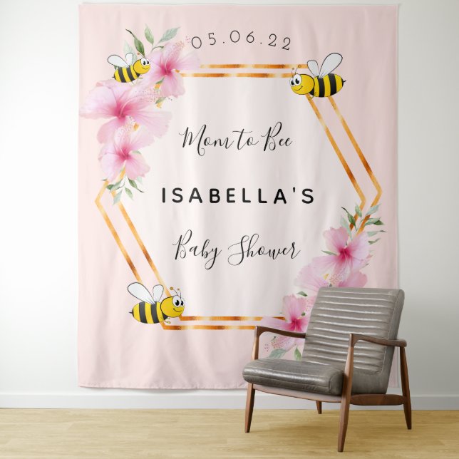 Tenture Baby Shower future maman abeille fleurs roses fill (En situation)