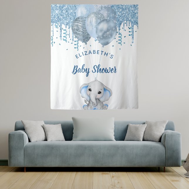Tenture Baby Shower garçon bleu clair éléphant pailleté ar (Créateur téléchargé)