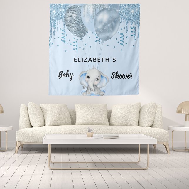 Tenture Baby Shower garçon bleu clair éléphant paillettes  (Créateur téléchargé)
