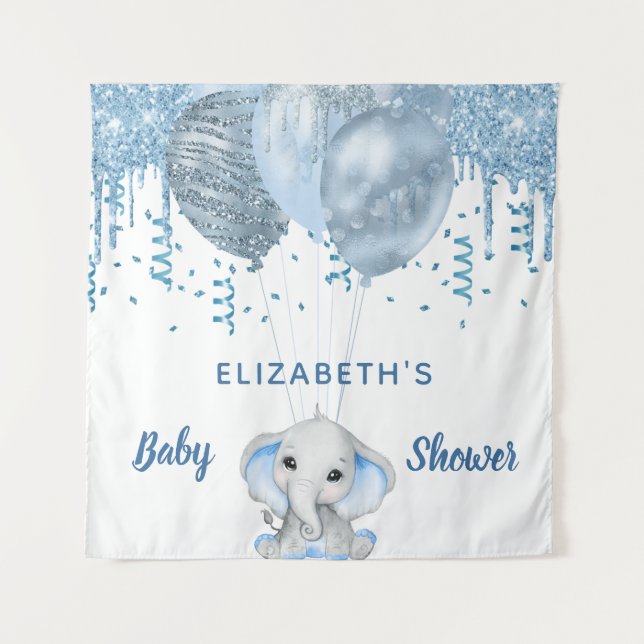 Tenture Baby Shower garçon bleu clair pailleté éléphant ar (Devant)