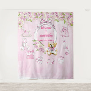 Tenture Baby shower garçon Fleurs bleues Teddy Bear fond