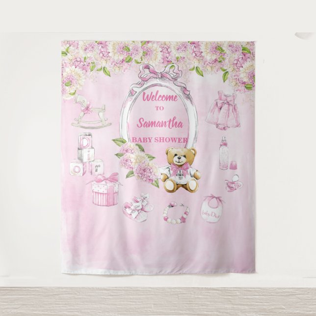 Tenture Baby shower garçon Fleurs bleues Teddy Bear fond (Devant)