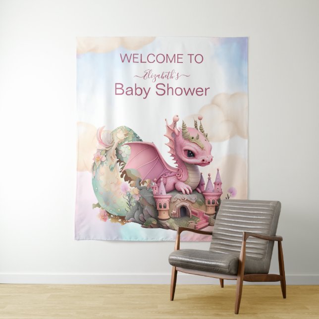 Tenture Baby-Shower Licorne Aquarelle Dragon Rose (En situation)