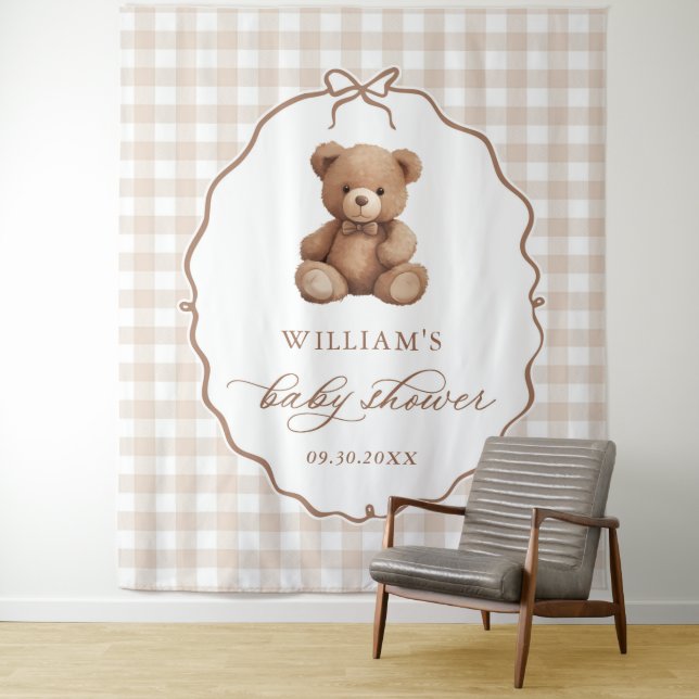 Tenture Baby Shower Ours en Gingham Unisexe (En situation)
