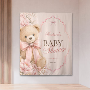 Tenture Baby Shower Ours en Peluche Rose Luxueux