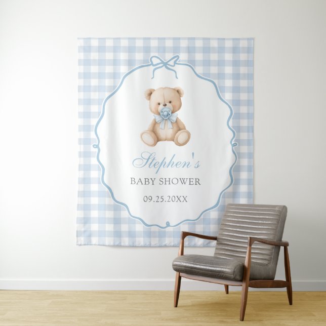 Tenture Baby shower oursin en gingham bleu  (En situation)