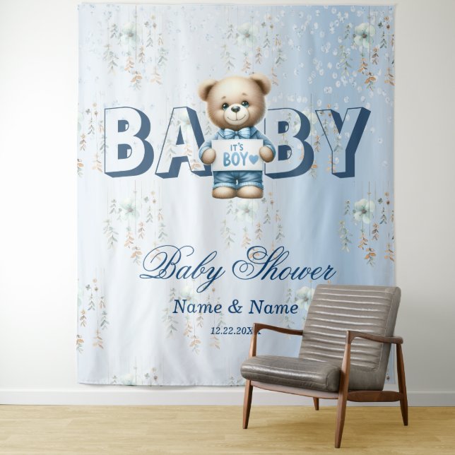 Tenture Baby Shower Ourson Mignon Fleur Bleue Beau (En situation)