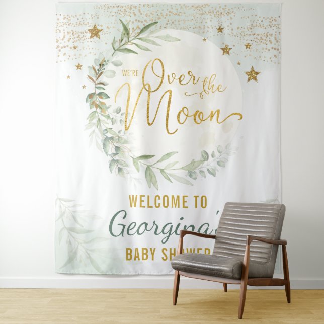 Tenture Baby Shower « Over the Moon » Bienvenue en vert et (En situation)