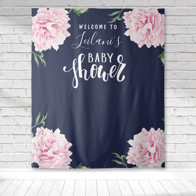 Tenture Baby shower Pink Peony Navy Blue Welcome (Pink watercolor peony with navy background typography baby shower tapestry backdrop for photo ops.)