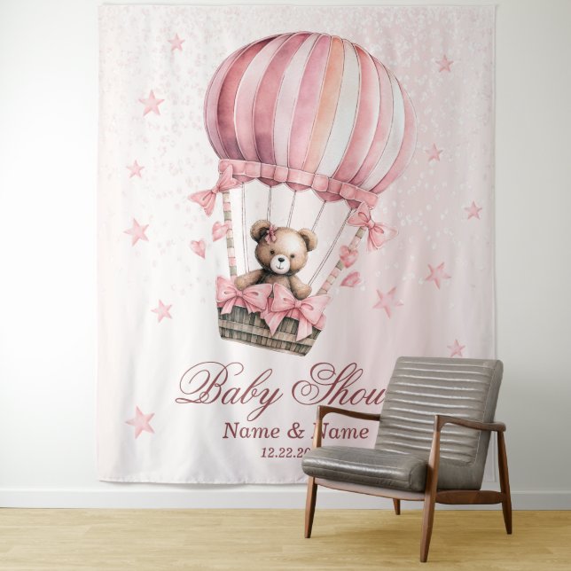 Tenture Baby shower Pink Teddy Bear Hot Air Balloon Party (En situation)