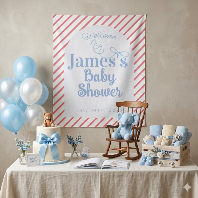 Tenture Baby shower « Rayures rouges et ruban bleu clair » (Créateur téléchargé)