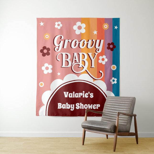 Tenture Baby Shower Rétro Groovy (En situation)