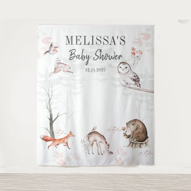 Tenture Baby shower Rustique des animaux forestiers (Devant)