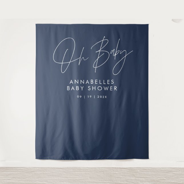 Tenture Baby shower script moderne marine bleu élégant (Devant)