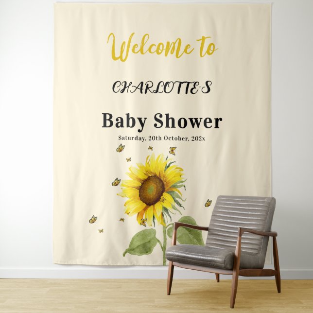 Tenture Baby Shower Tournesol Aquarelle avec Papillons (En situation)