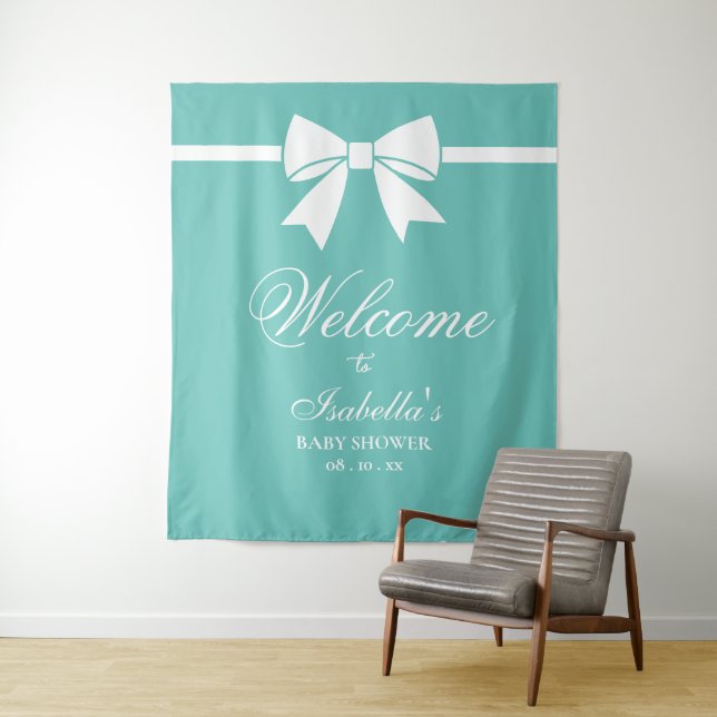 Tenture Baby shower turquoise Bleu Et Blanc Ruban Bow (En situation)