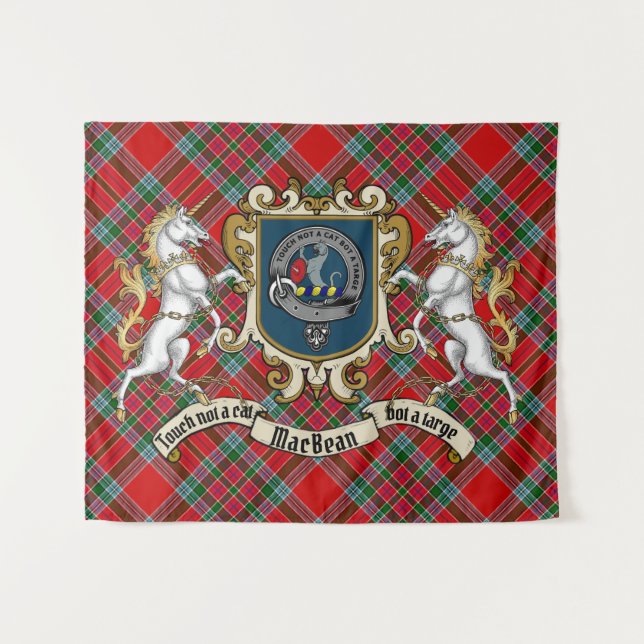 Tenture Badge de clan MacBean et licornes avec Tartan (Devant (Horizontal))