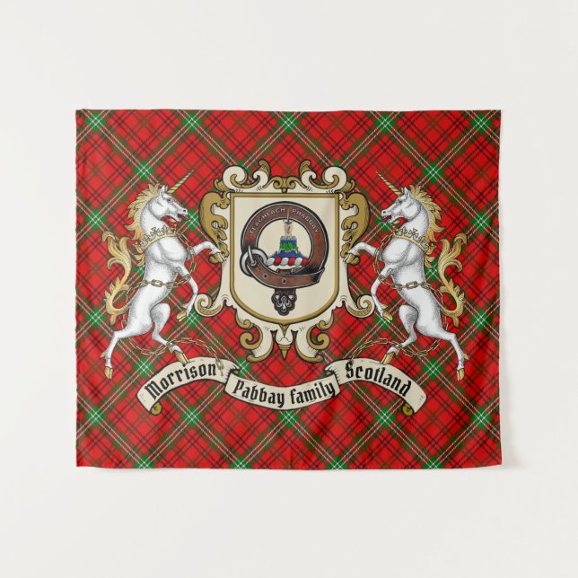 Tenture Badge de clan Morrison et licornes avec Tartan (Devant (Horizontal))