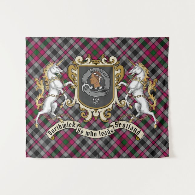 Tenture Badge du clan Borthwick et licornes avec Tartan (Devant (Horizontal))