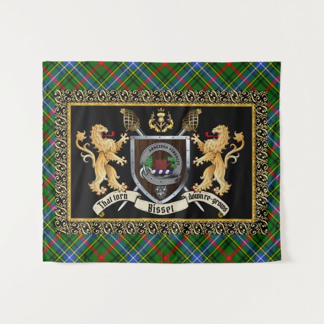 Tenture Badge et devise du clan Bisset avec Lions (Devant (Horizontal))