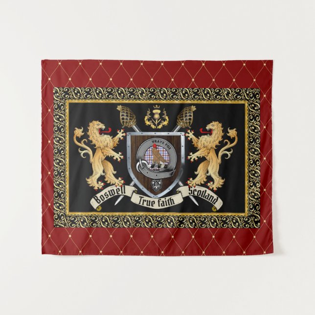 Tenture Badge et devise du clan Boswell avec Lions (Devant (Horizontal))