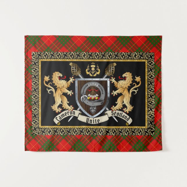 Tenture Badge et devise du clan Cameron avec Lions (Devant (Horizontal))