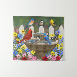 Tenture Bain d'oiseaux coloré du jardin de printemps