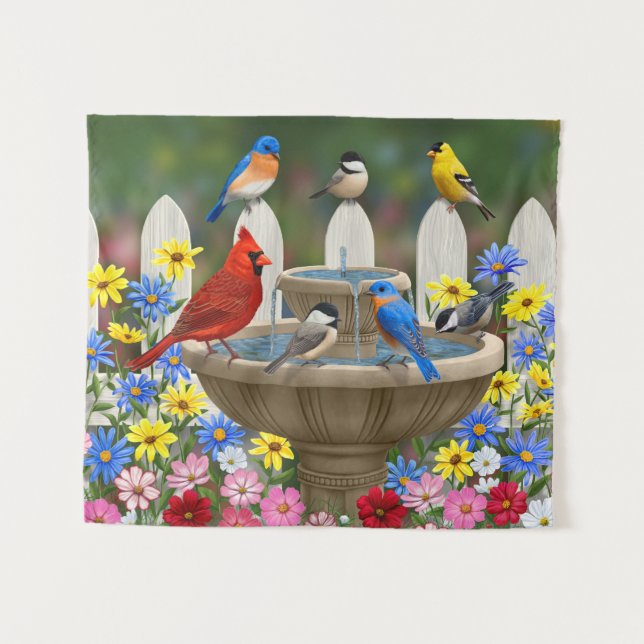 Tenture Bain d'oiseaux coloré du jardin de printemps (Devant (Horizontal))