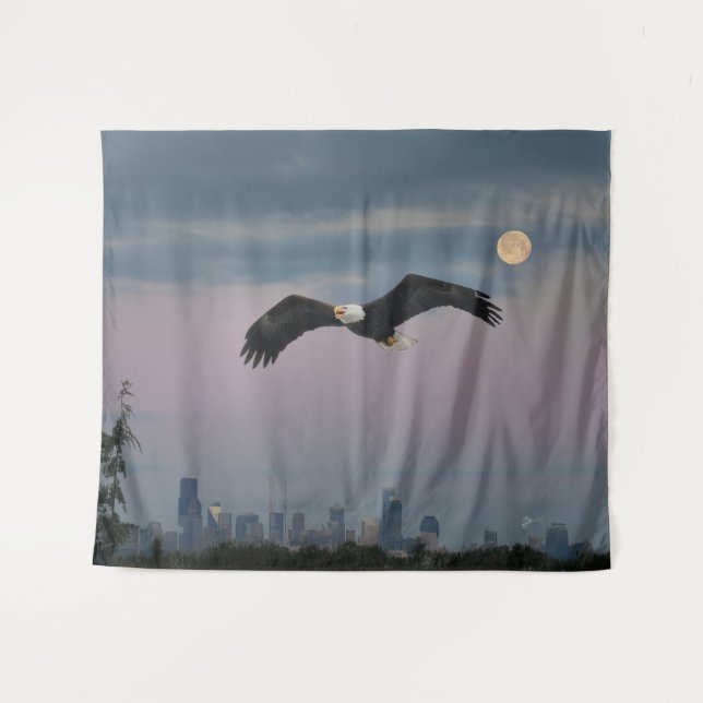 Tenture Bald Eagle In Front Of Seattle and Moon (Devant (Horizontal))