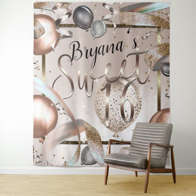 Tenture Ballons de glitter Rose Gold pour Sweet 16 (En situation)