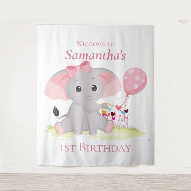 Tenture Ballons Eléphant mignon Fille Anniversaire fond (Devant)