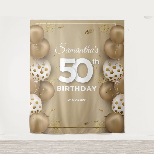 Tenture Ballons faux or et blanc 50e anniversaire (Devant)
