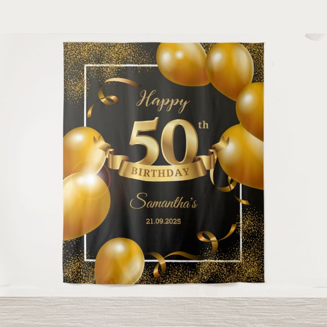 Tenture Ballons noirs et or 50e anniversaire arrière-plan (Devant)