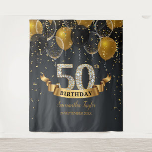 Tenture Ballons noirs et or diamant fête d'anniversaire 50