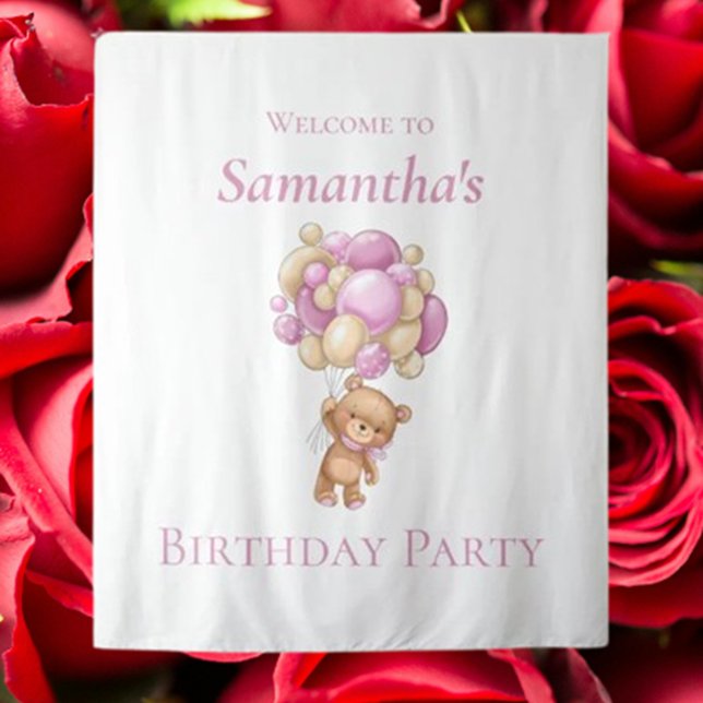 Tenture Ballons Ours Teddy Fille rose arrière-plan Anniver (Celebrate her special day with a charming Teddy Bear Balloons Pink Girl Birthday backdrop. )