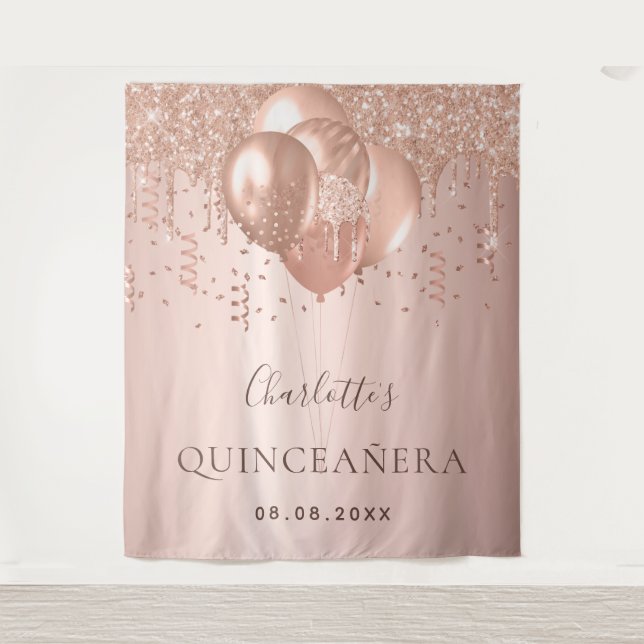 Tenture Ballons pailletés rose gold avec monogramme pour Q (Devant)