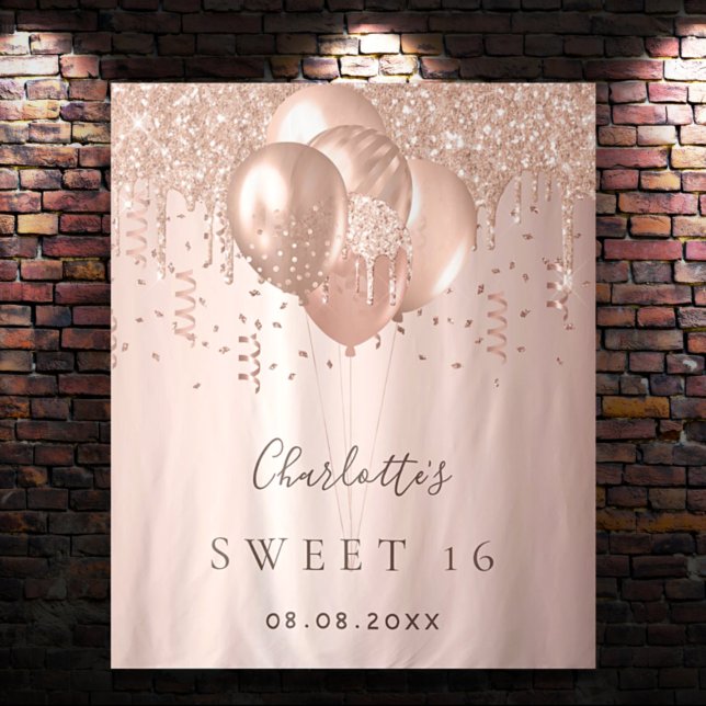 Tenture Ballons rose gold Sweet 16 avec nom (Créateur téléchargé)