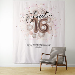 Tenture Balloons Anniversaire 16 Ans Rose Gold Fond Rose