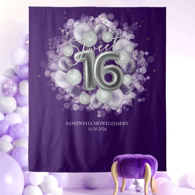 Tenture Balloons Argent Sweet 16 Anniversaire Fond Violet (Créateur téléchargé)