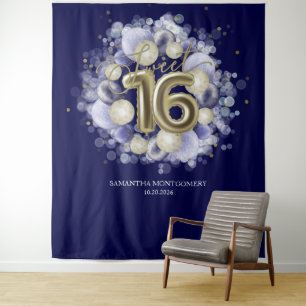 Tenture Balloons Dorés pour les 16 ans Royal Blue Toile de