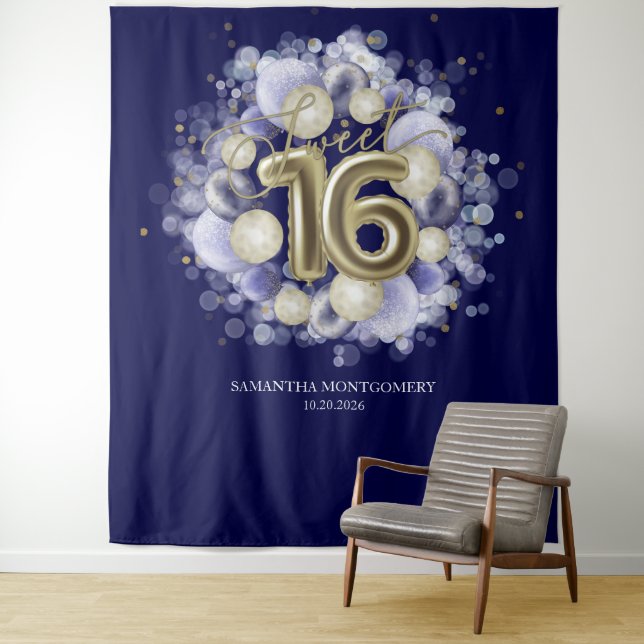 Tenture Balloons Dorés pour les 16 ans Royal Blue Toile de (En situation)