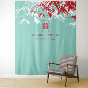 Tenture Bambou Turquoise Feuille Mariage chinois fond