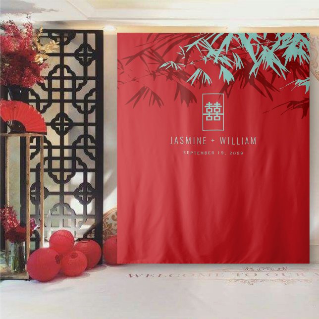 Tenture Bambou Turquoise Feuille Mariage chinois fond (Red & Turquoise Bamboo Leaves, Double Happiness Chinese Wedding Backdrop Tapestry @ fatfatin_mini_me)