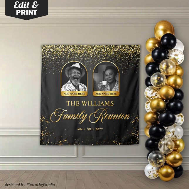 Tenture Bandeau de réunion de famille personnalisée, 2 Pho (Custom Family Reunion Banner, 2 Photo Black Gold Tapestry)